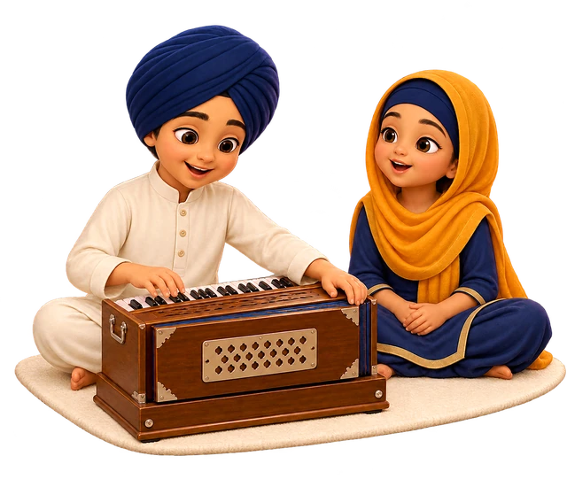 A Sikh boy sitting cross-legged on a mat, playing a harmonium placed in front of him